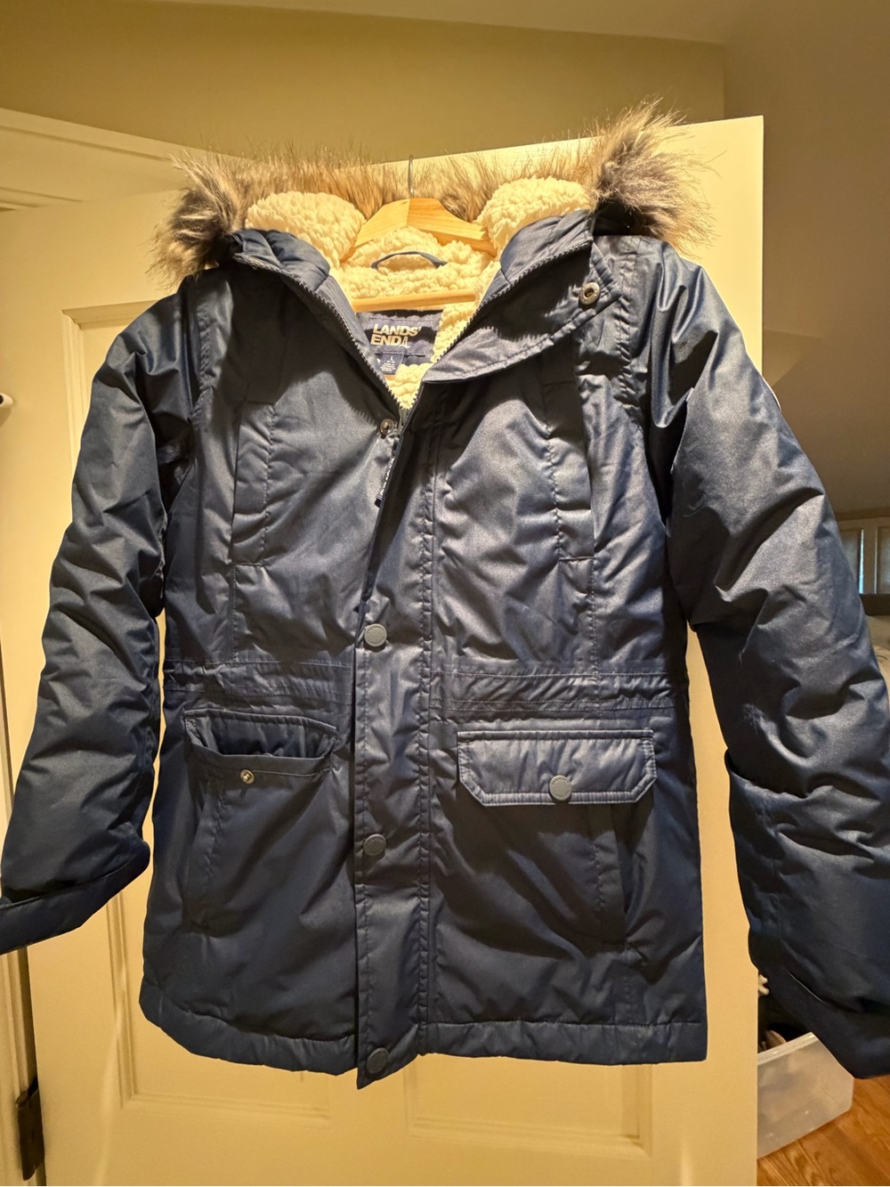 Lands' End Navy Hooded Puffer Jacket with Faux-Fur Trim
